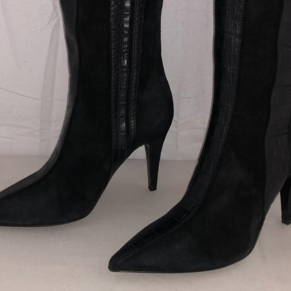 37/7❤️VALENTINO BLACK Suede & LEATHER Over Knee Thigh High Heel BOOTS ITALY - Picture 16 of 16